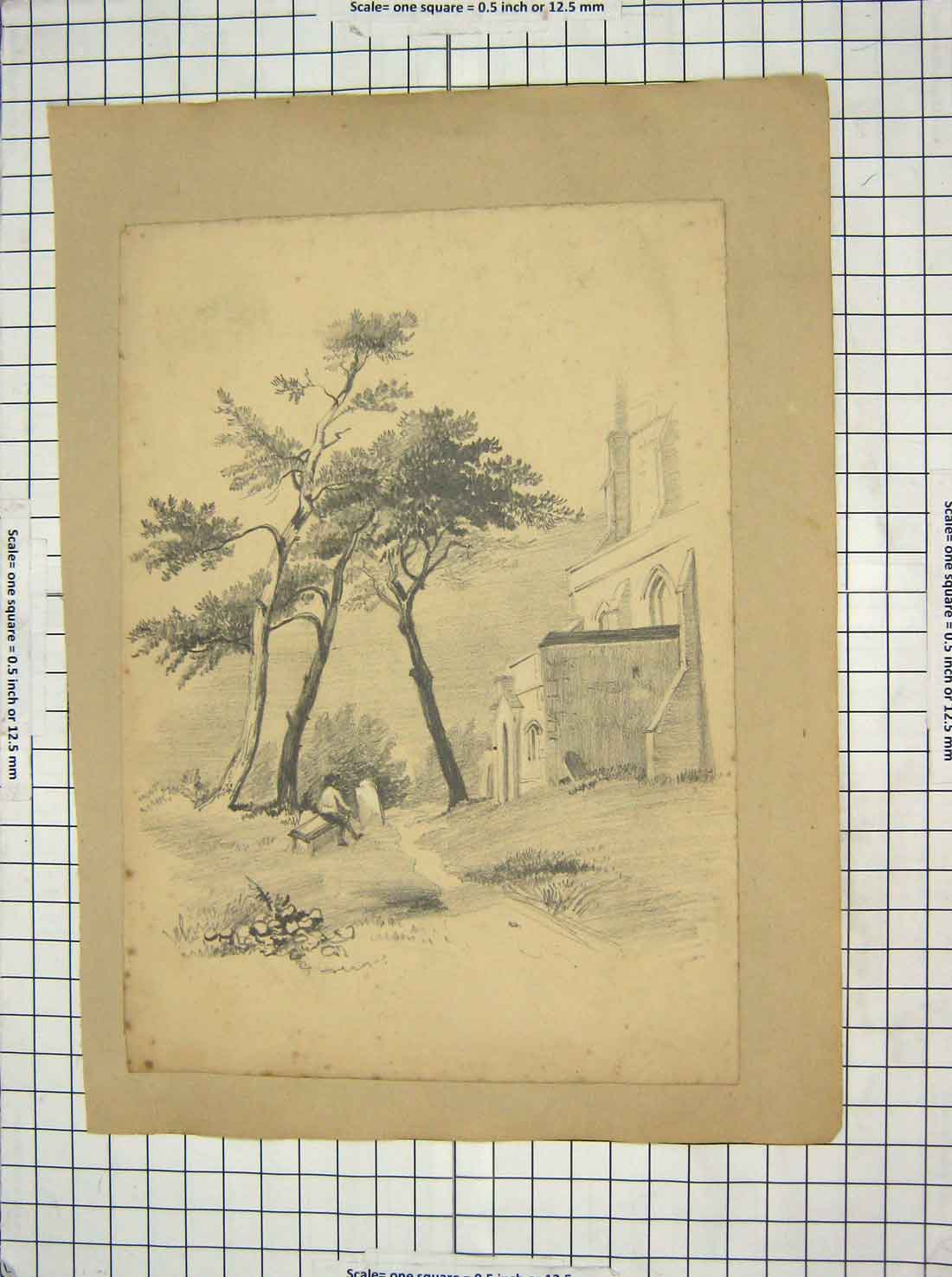 Original Old Antique Print Sketch Church Trees Architecture