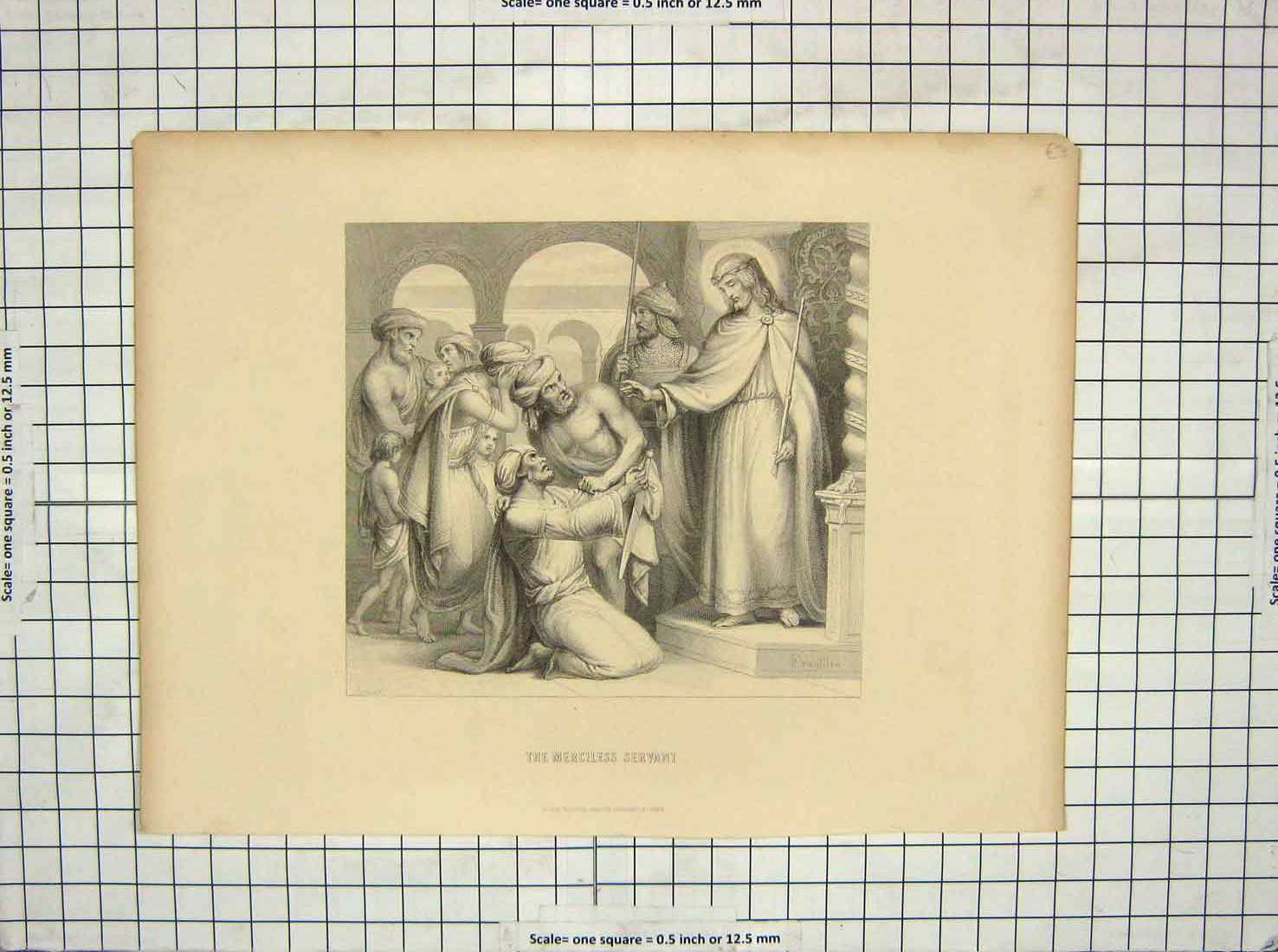 Original Old Antique Print Engraving Merciless Servant Men Meeting