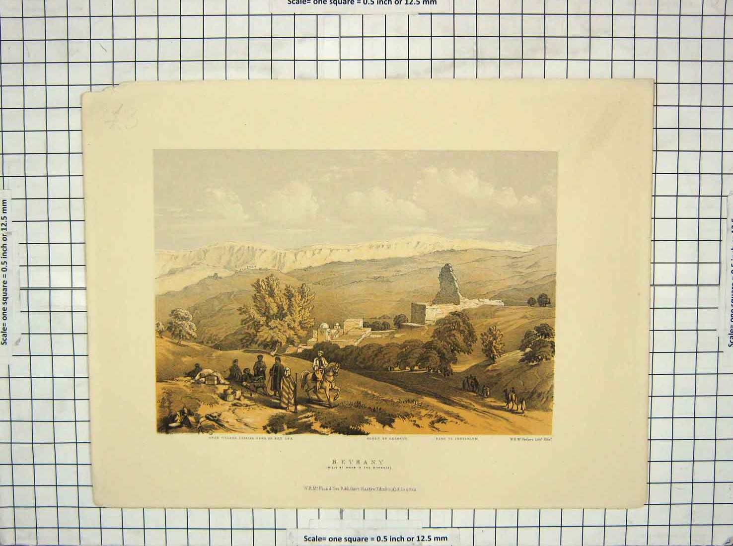 Original Old Antique Print Colour Bethany House Lazarus Jerusalem Farlane