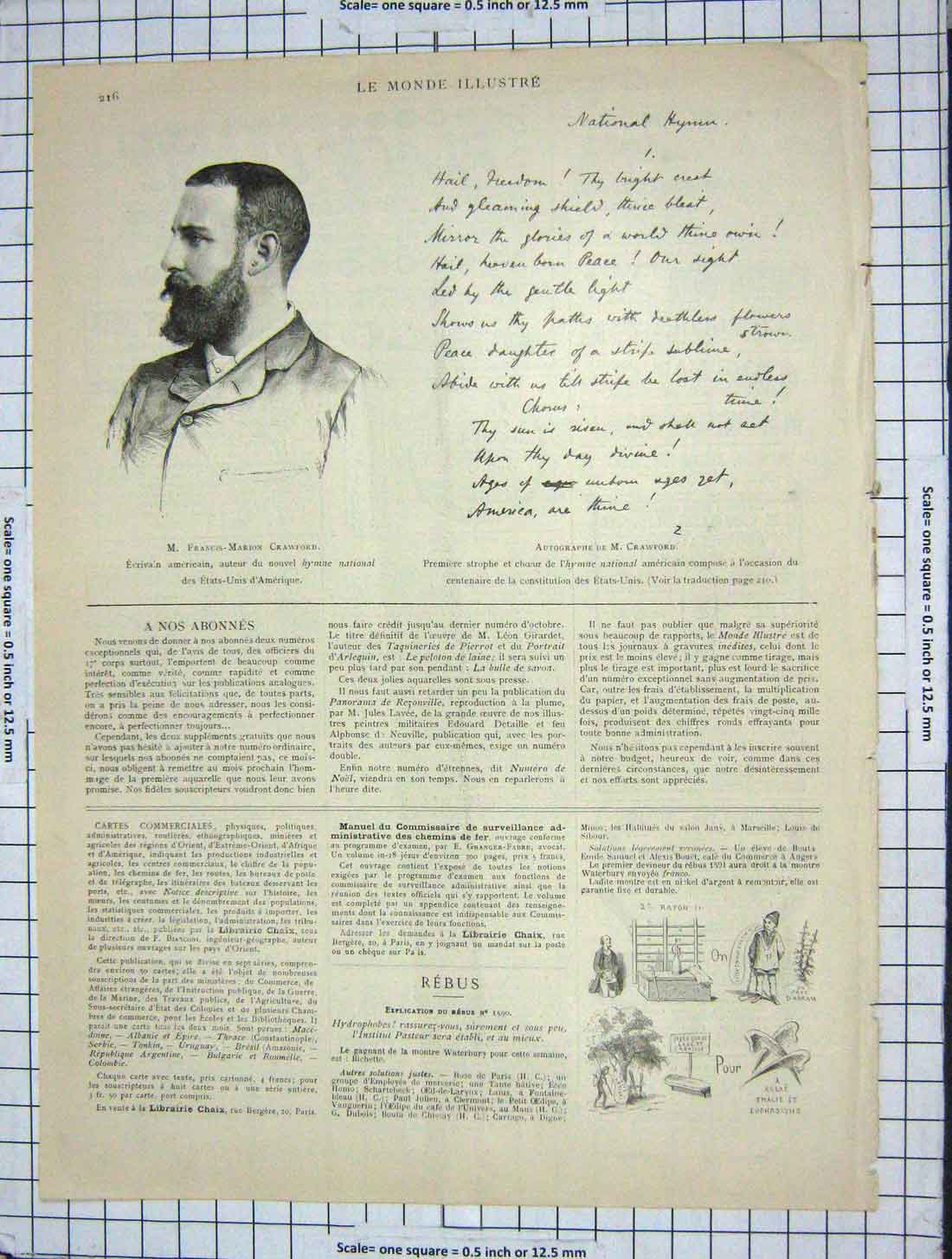 Original Old Antique Print Portrait Francis-Marion Crawford Autograph