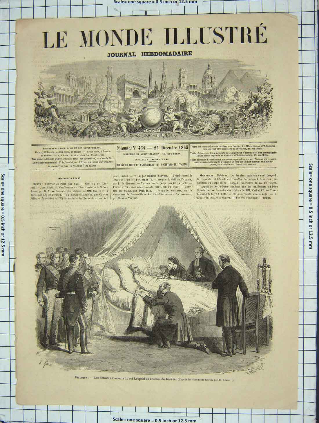 Original Old Antique Print 1865 Belgium King LeopDeath Bed Chateau Laeken 19th