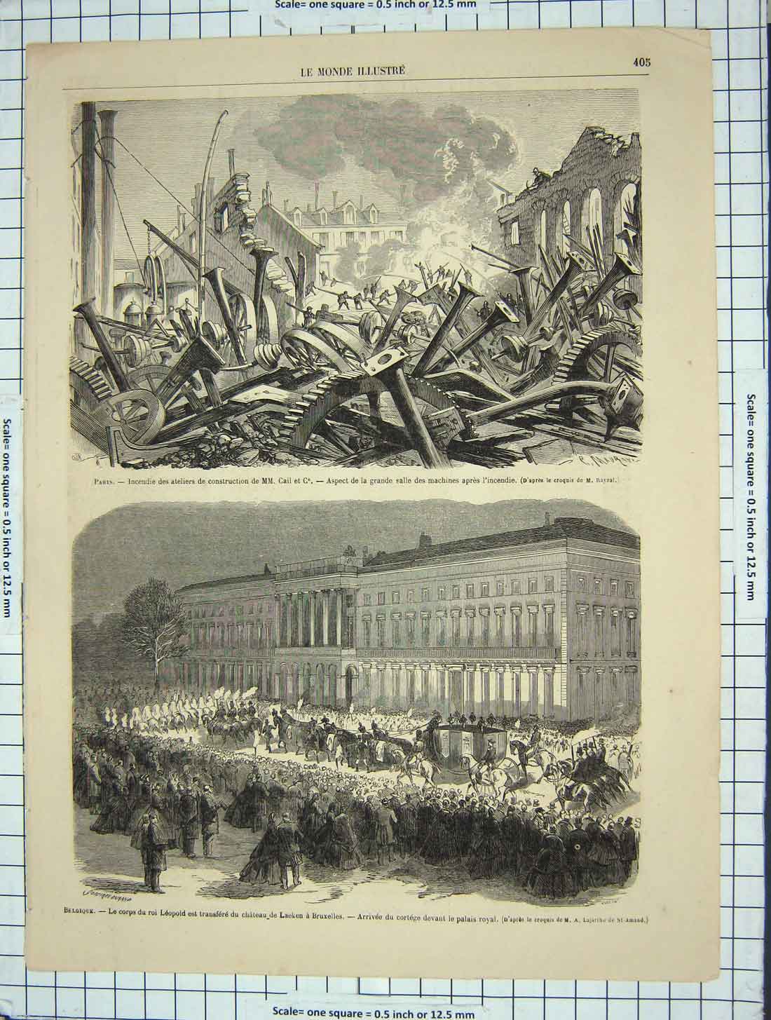 Original Old Antique Print Paris France Fire Building King LeopBruxelles Royal