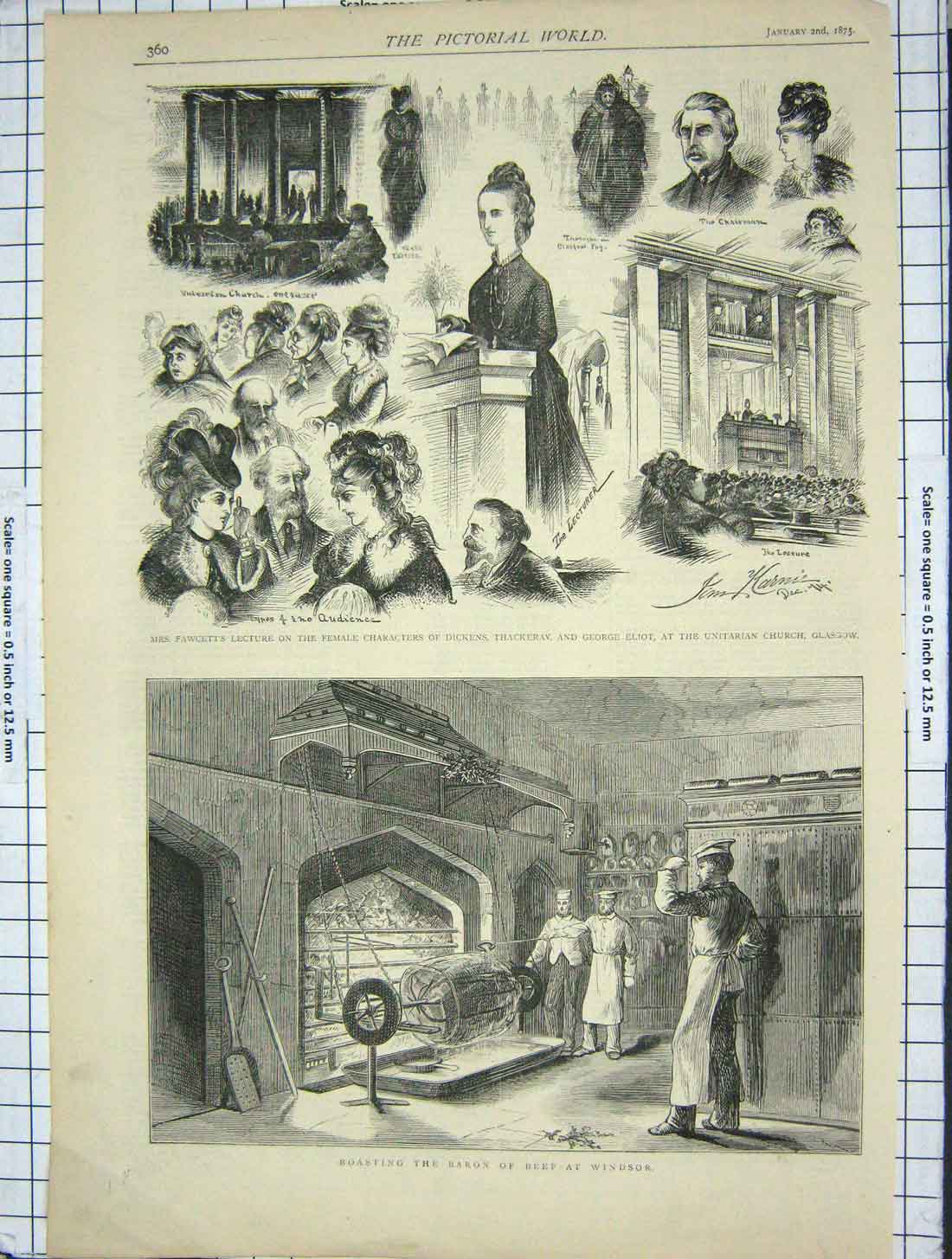 Old Antique Print 1875 Roasting Baron Beef Windsor Fawcett Dickens Eliot 19th