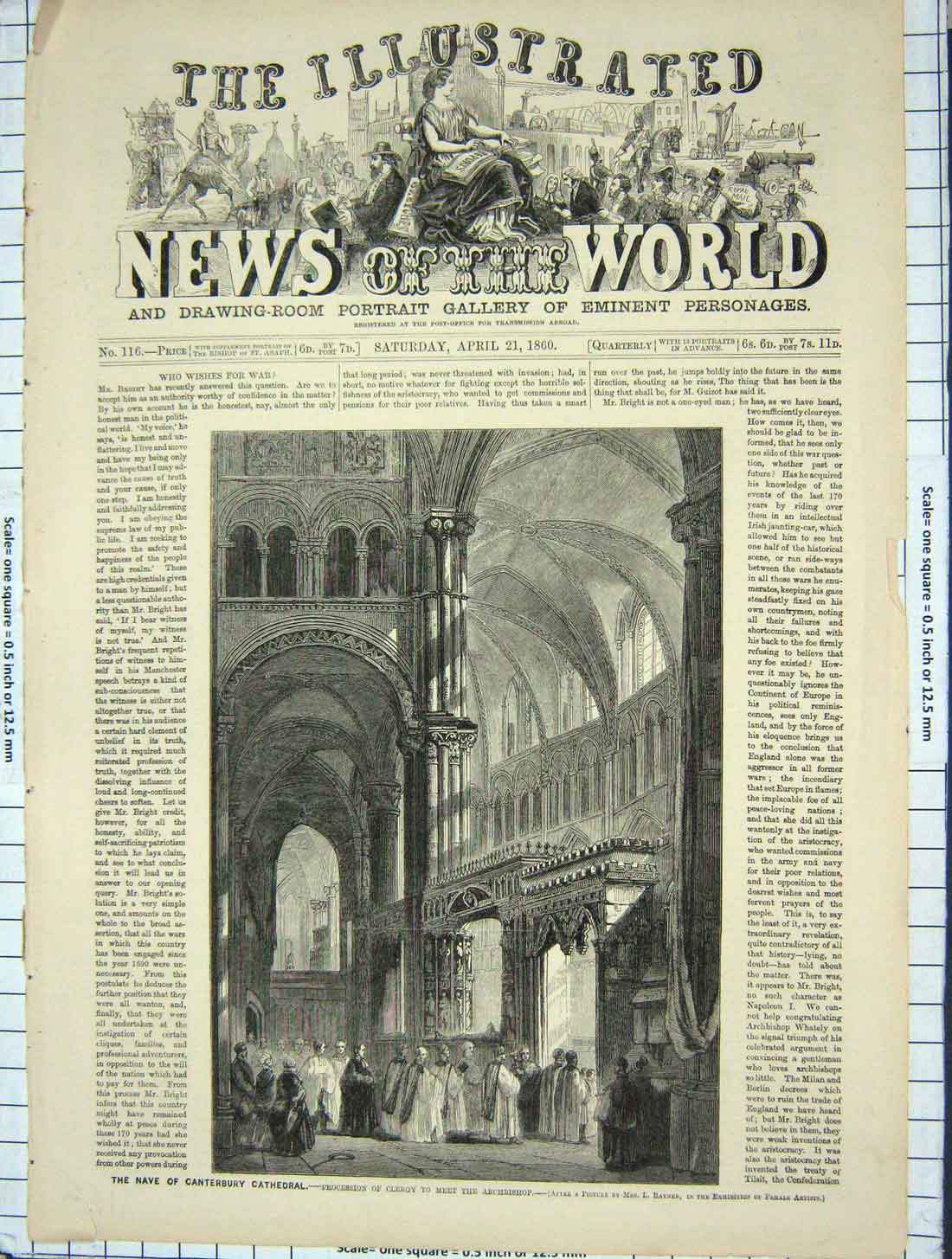 Original Old Antique Print 1860 Nave Canterbury Cathedral Clergy Archbishop