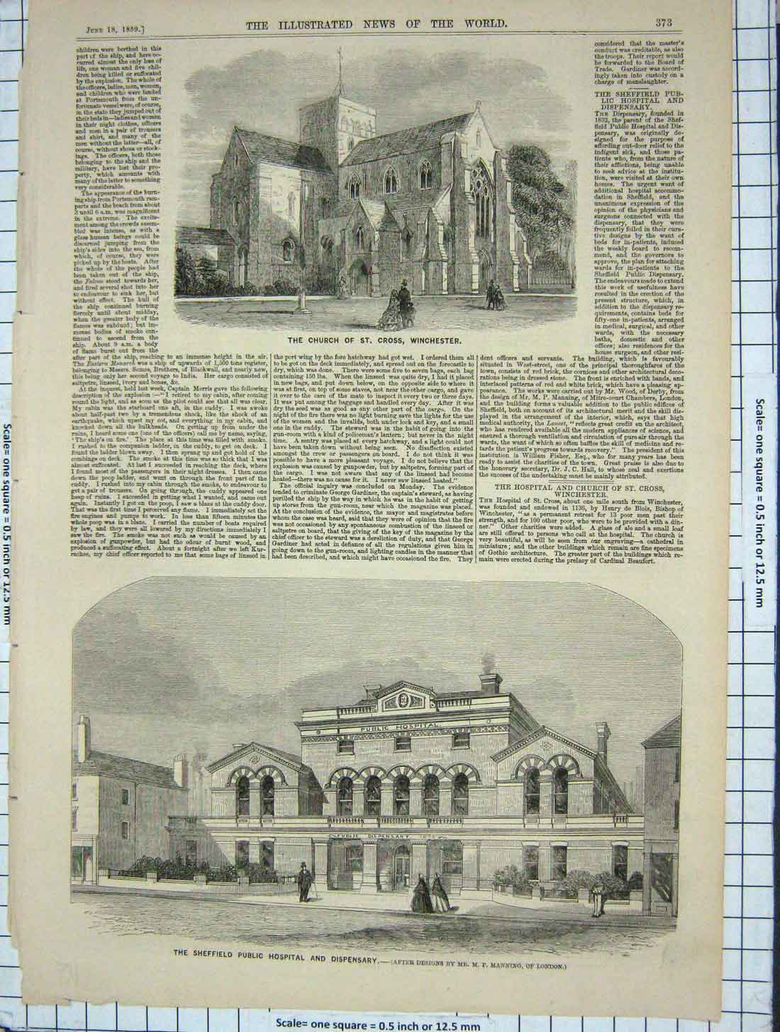 Original Old Antique Print 1859 Church St. Cross Winchester Hospital Dispensary