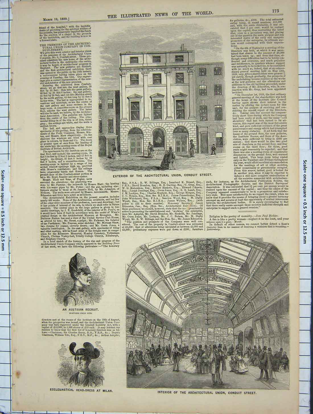 Original Old Antique Print 1859 Architectural Union Conduit Street London 19th