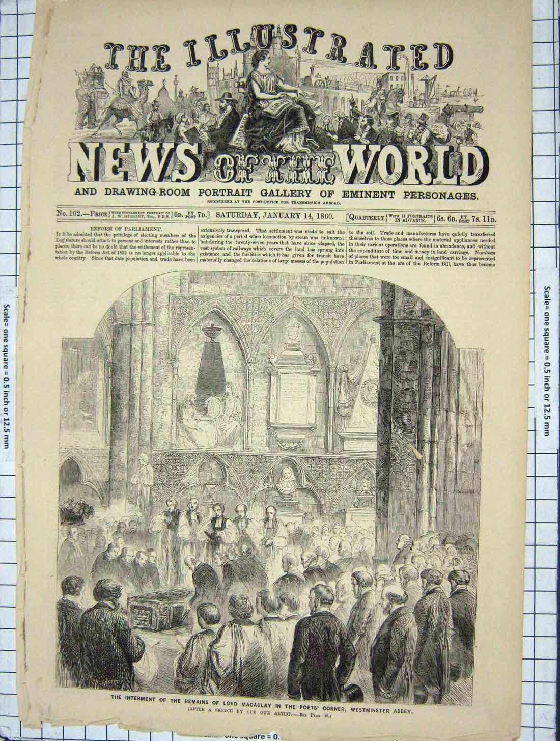 Original Old Antique Print 1860 Lord Macaulay Westminster Abbey Poet'S Corner
