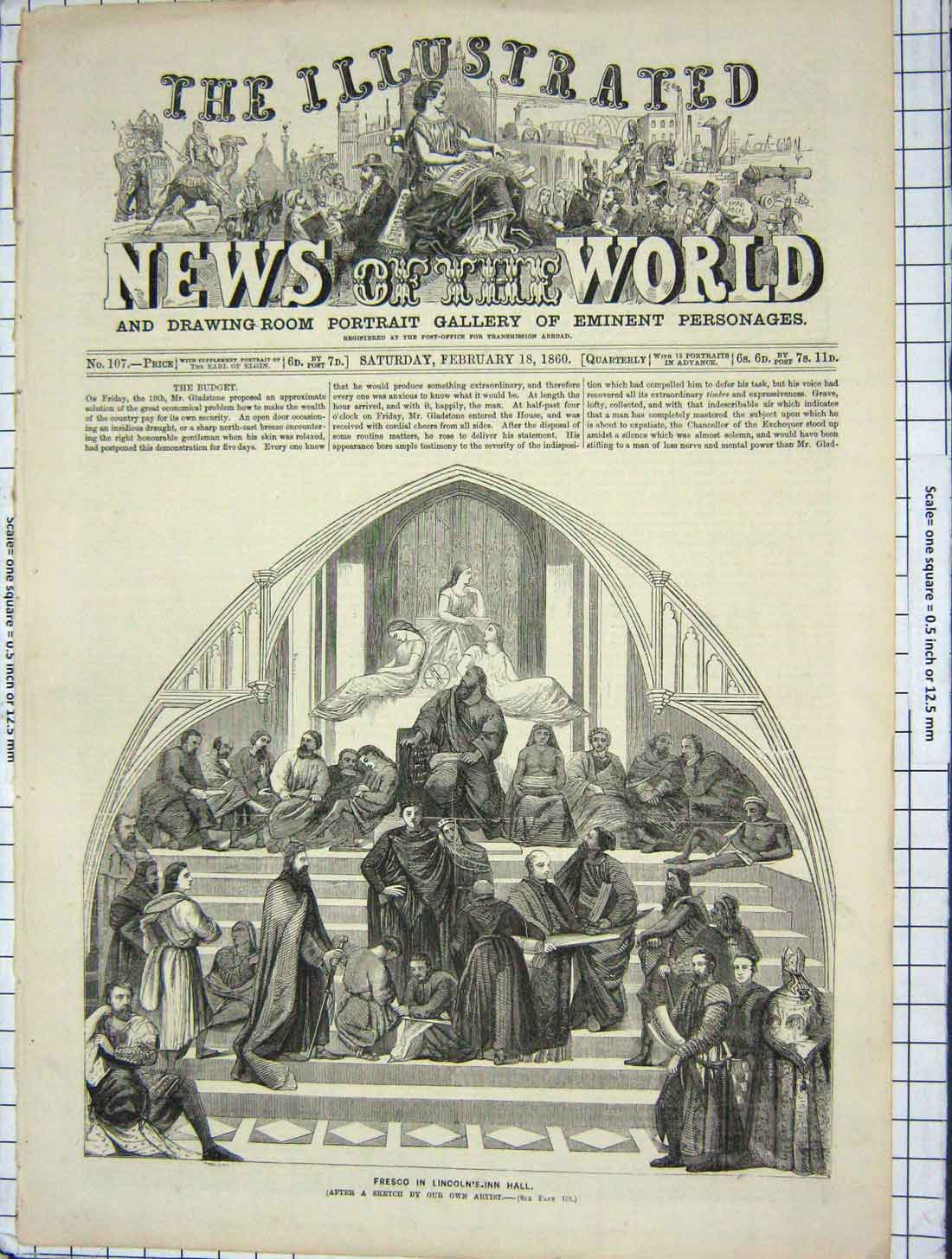 Original Old Antique Print 1860 Fresco Lincoln'S Inn Hall 19th