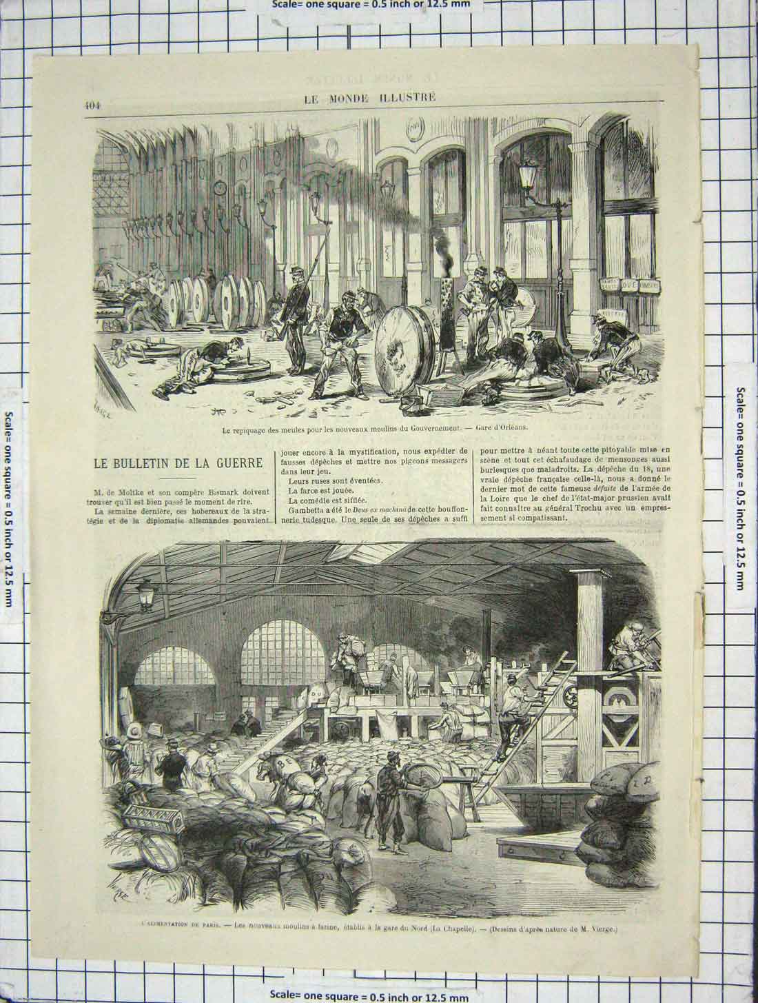 Original Old Antique Print Paris Moulins Farine Gouvernement La Chapelle