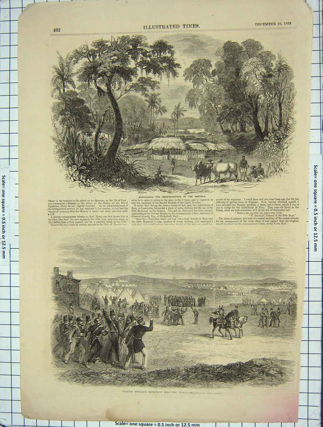 Original Old Antique Print 1855 General Shirley Crimea War Beerbhoom Santals