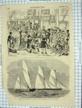 Original Old Antique Print 1855 Yacht Regatta Bacchante Aurora Hampton Court