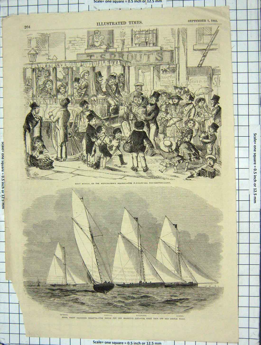 Original Old Antique Print 1855 Yacht Regatta Bacchante Aurora Hampton Court