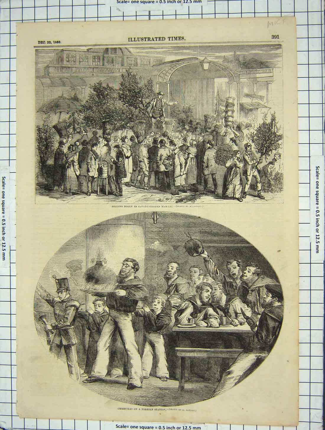 Old Antique Print 1860 Selling Holly Covent Garden Christmas Navy Sailors 19th