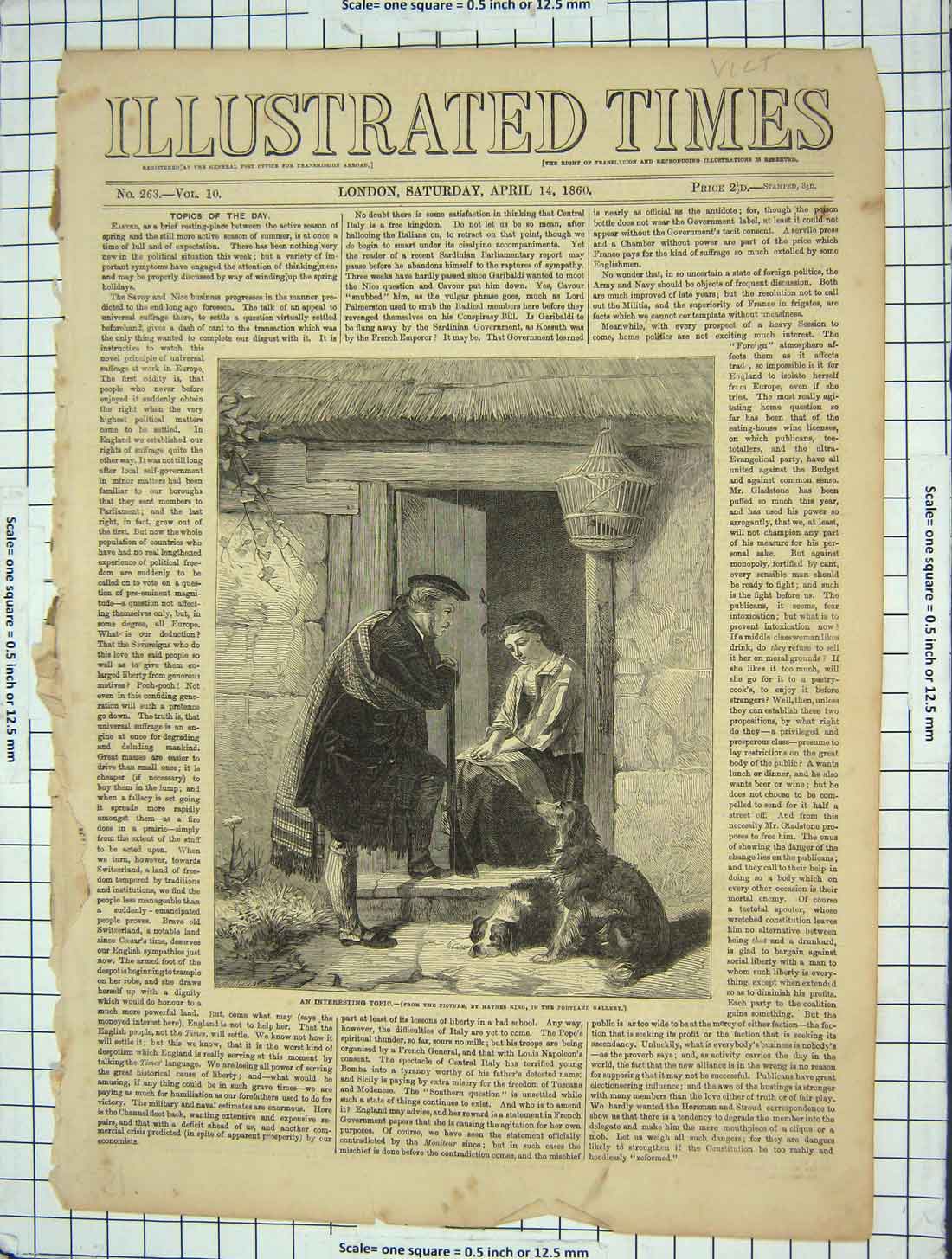 Original Old Antique Print 1860 Scottish Man Lady House Dogs Romance Victorian