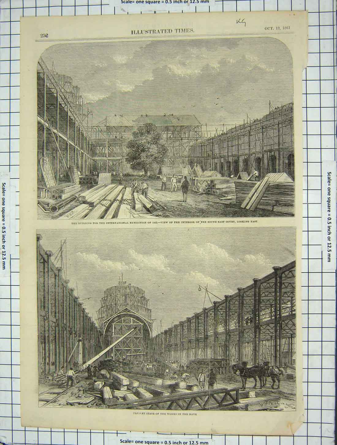 Original Old Antique Print 1861 Building International Exhibition Nave London