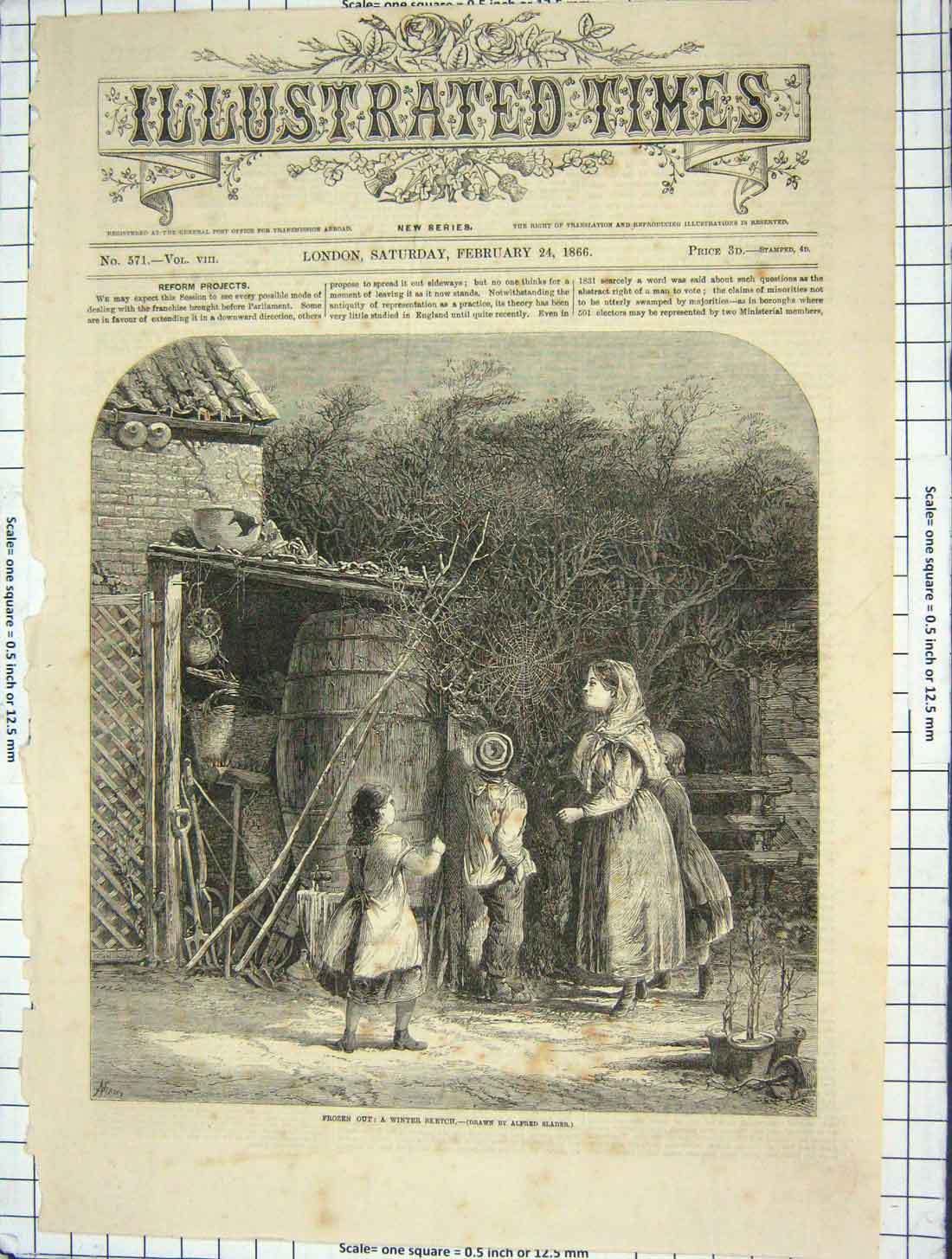 Original Old Antique Print 1866 Winter Scene Frozen Spiders Webb Children 19th