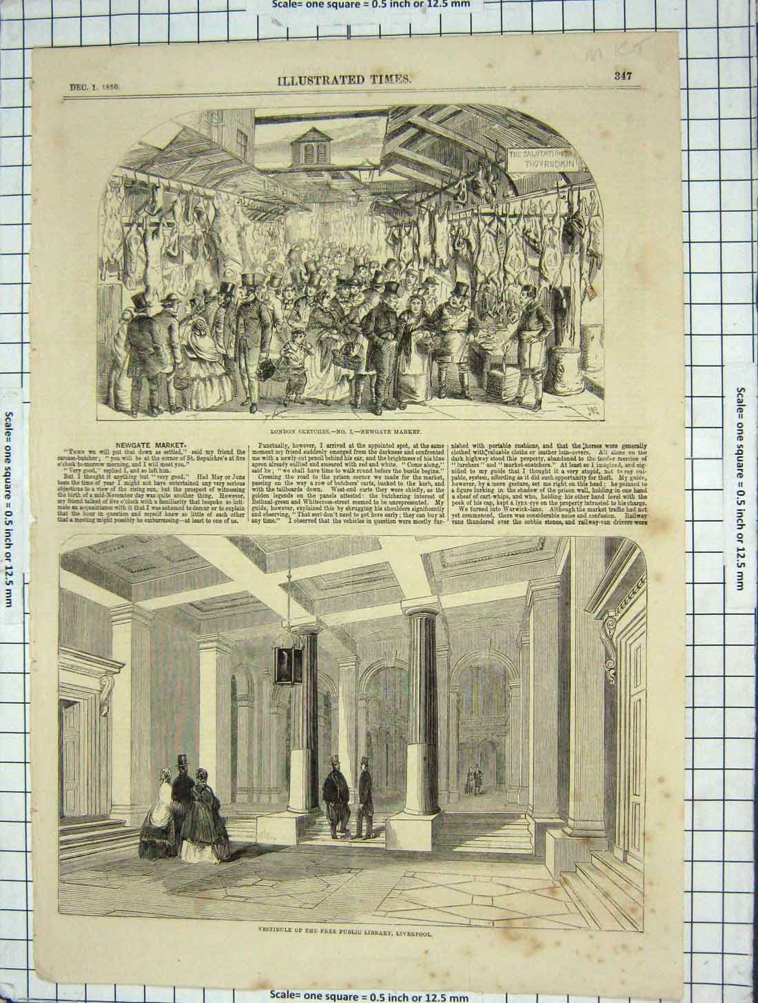 Original Old Antique Print 1860 Newgate Market London Public Library Liverpool