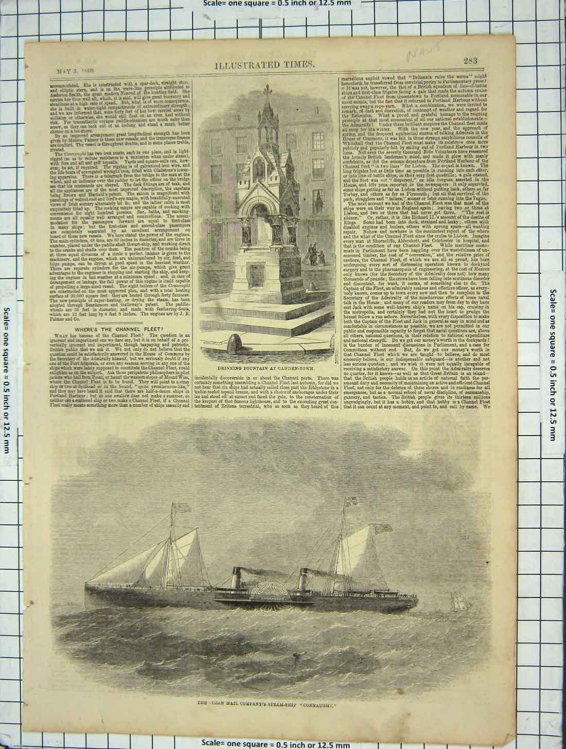 Original Old Antique Print 1860 Drinking Fountain Camden-Town Ship Connaught