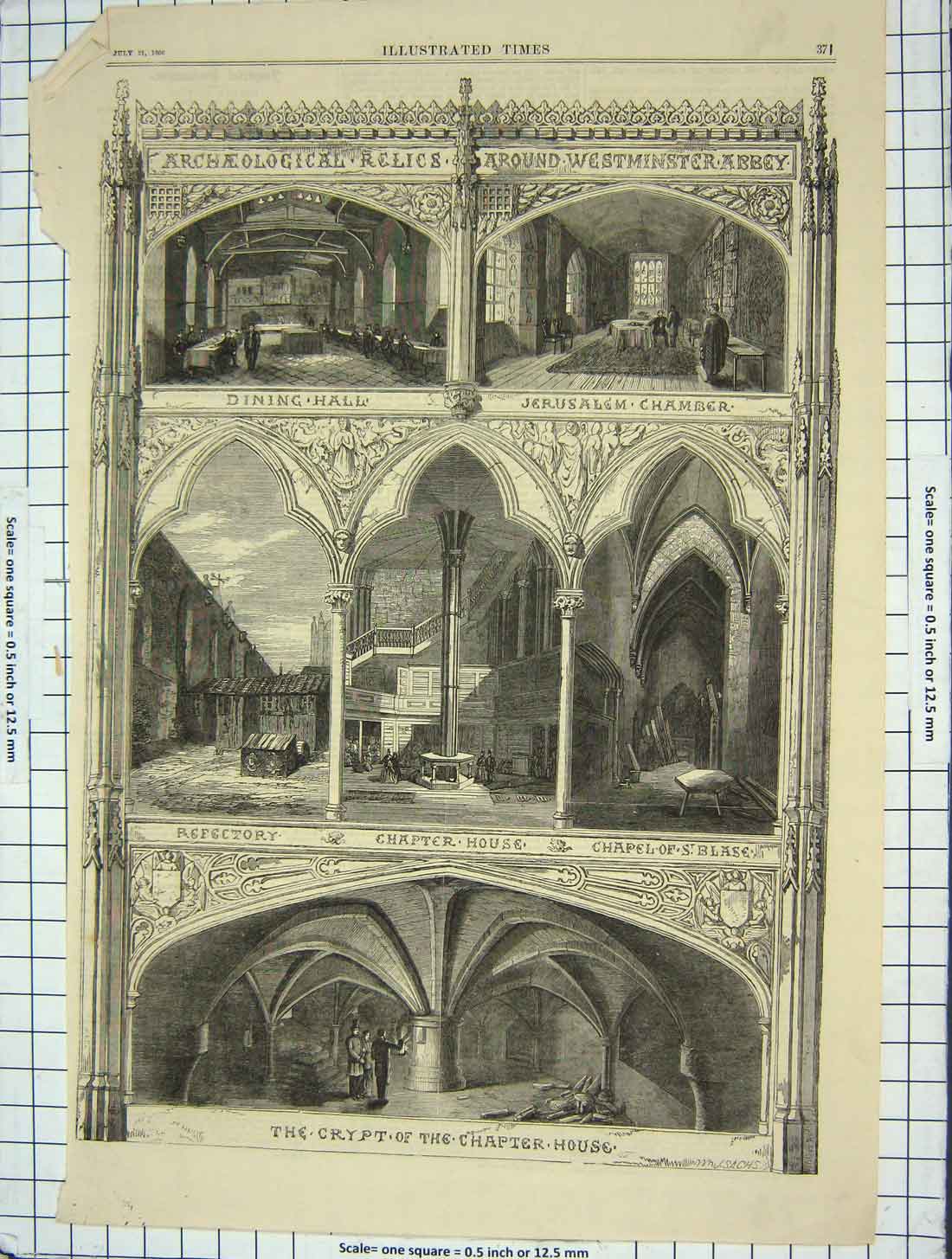 Original Old Antique Print 1866 Crypt Chapter House Westminster Abbey Jerusalem