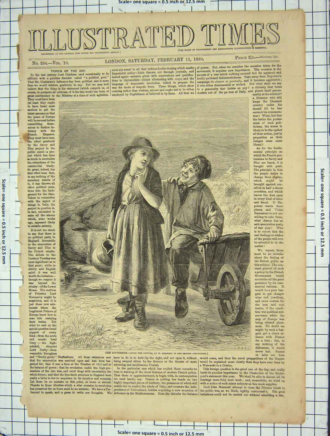 Original Old Antique Print 1860 Loiterers Man Lady Water Jug Cart Romance 19th