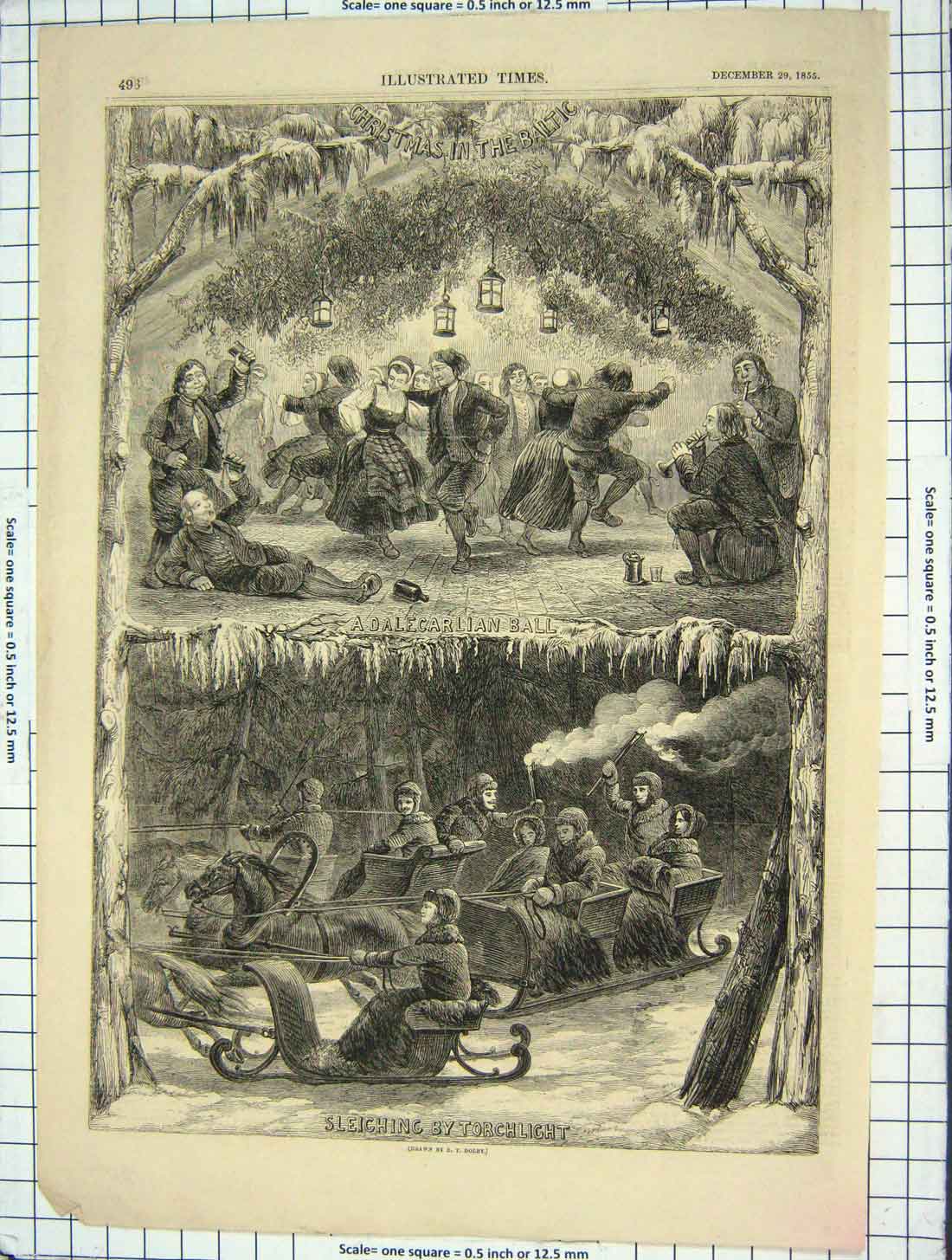 Old Antique Print 1855 Christmas Baltic Sleighing Torchlight Dalecarlian 19th