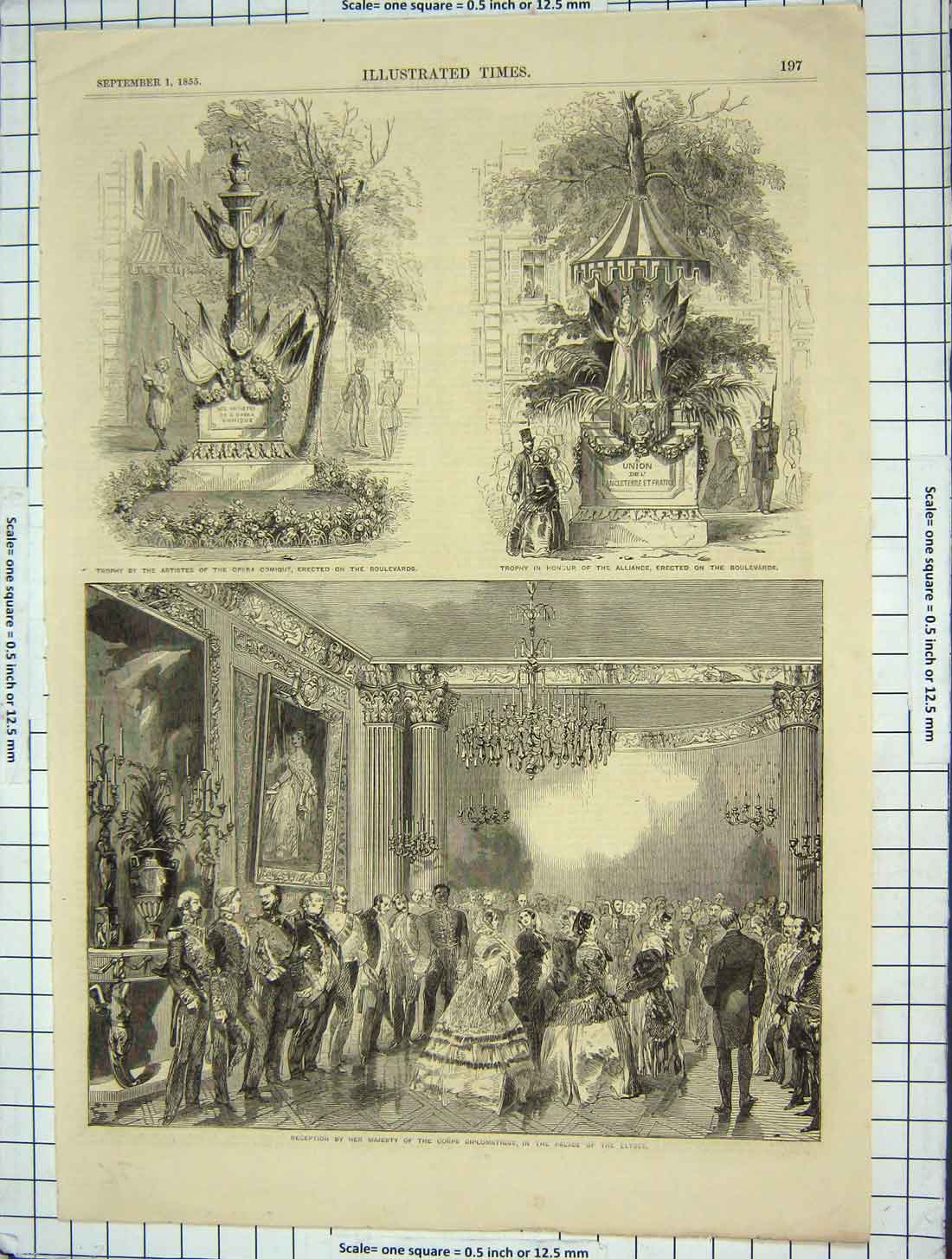 Old Antique Print 1855 Reception Queen Corps Palace Elysee Paris France 19th