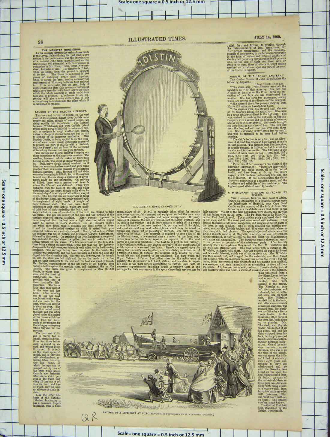 Old Antique Print 1860 Launch Life-Boat Silloth Distin Monster Gong Drum 19th