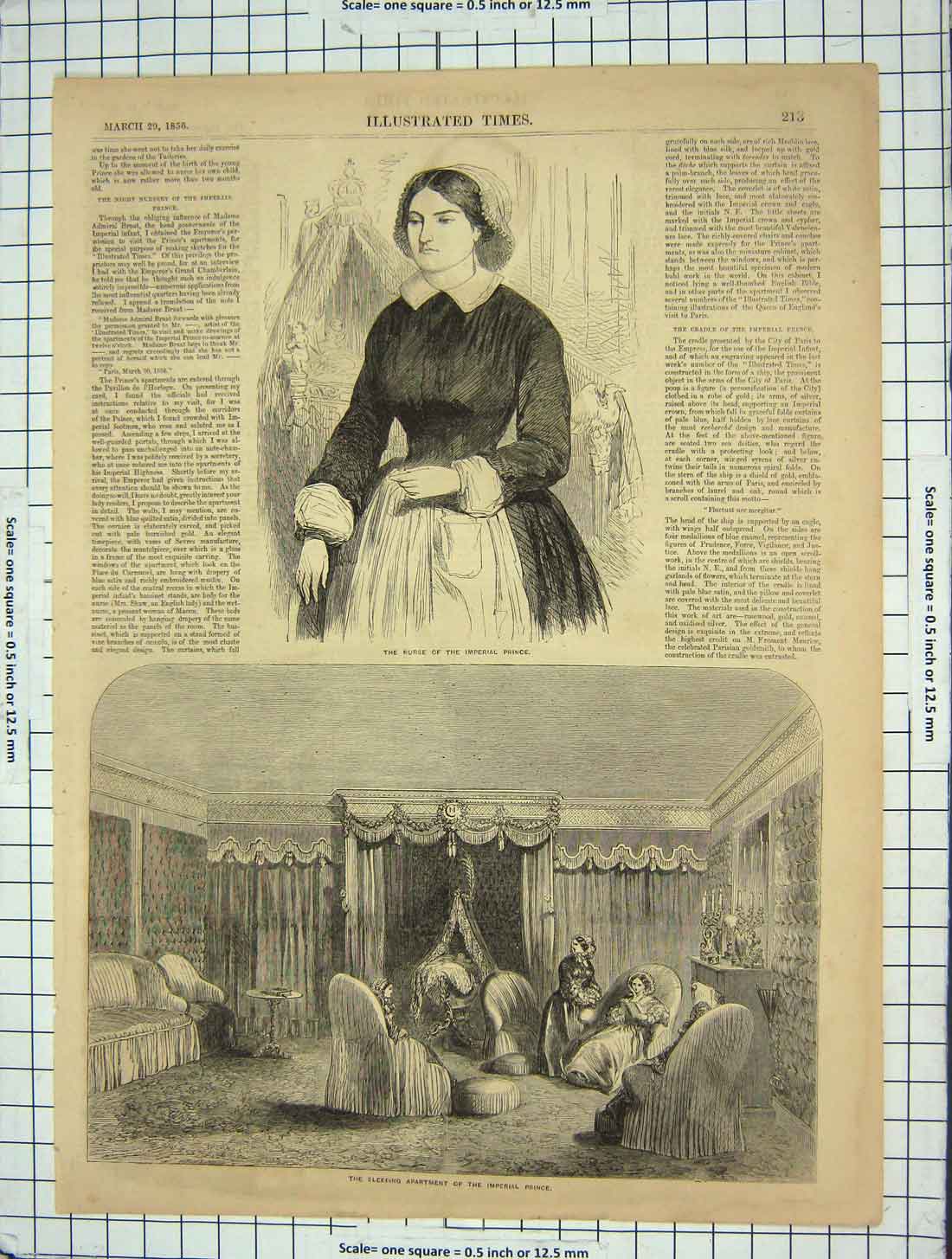 Original Old Antique Print 1856 Nurse Imperial Baby Prince Sleeping Apartment