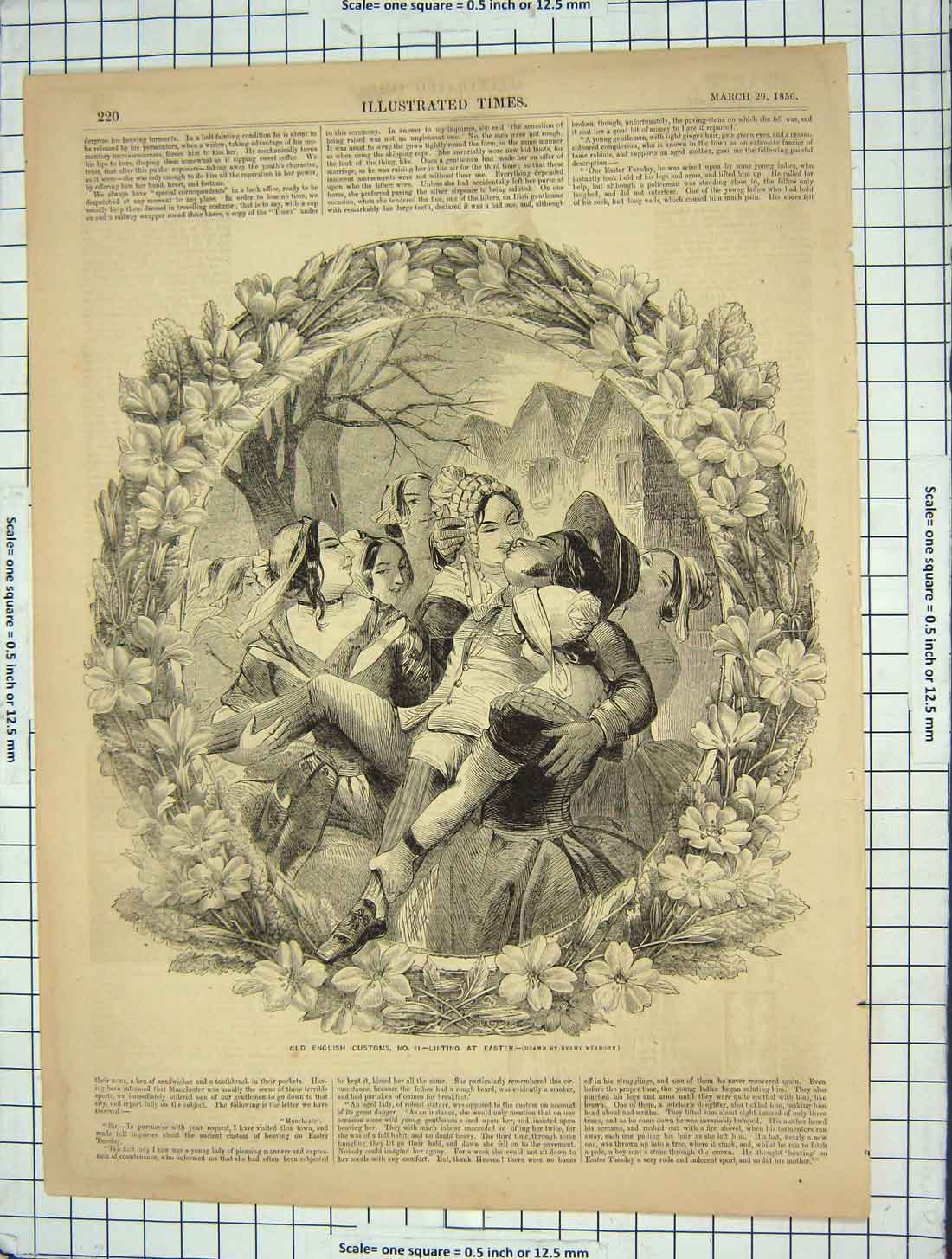 Original Old Antique Print 1856 English Customs Lifting Easter Romance 19th