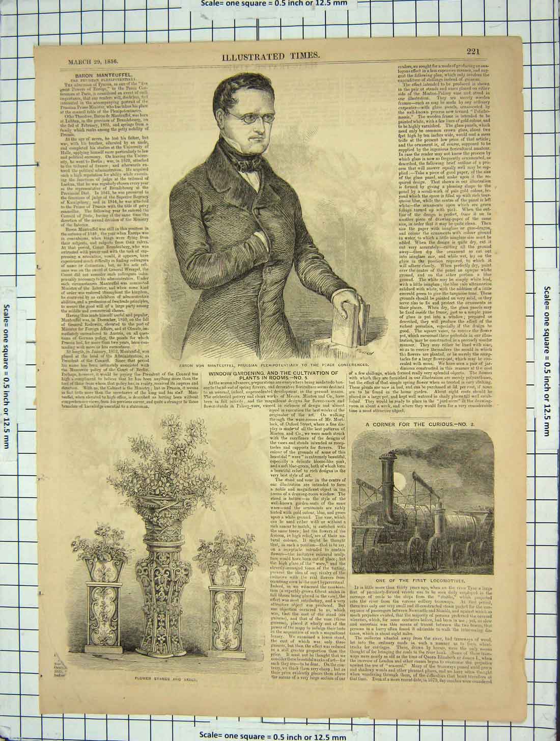 Old Antique Print 1856 Portrait Baron Manteuffel Train Flower Stands Vase 19th