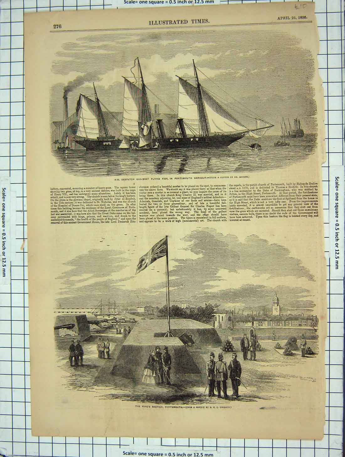 Old Antique Print 1856 King'S Bastion Portsmouth Ship Flying Fish Harbour 19th