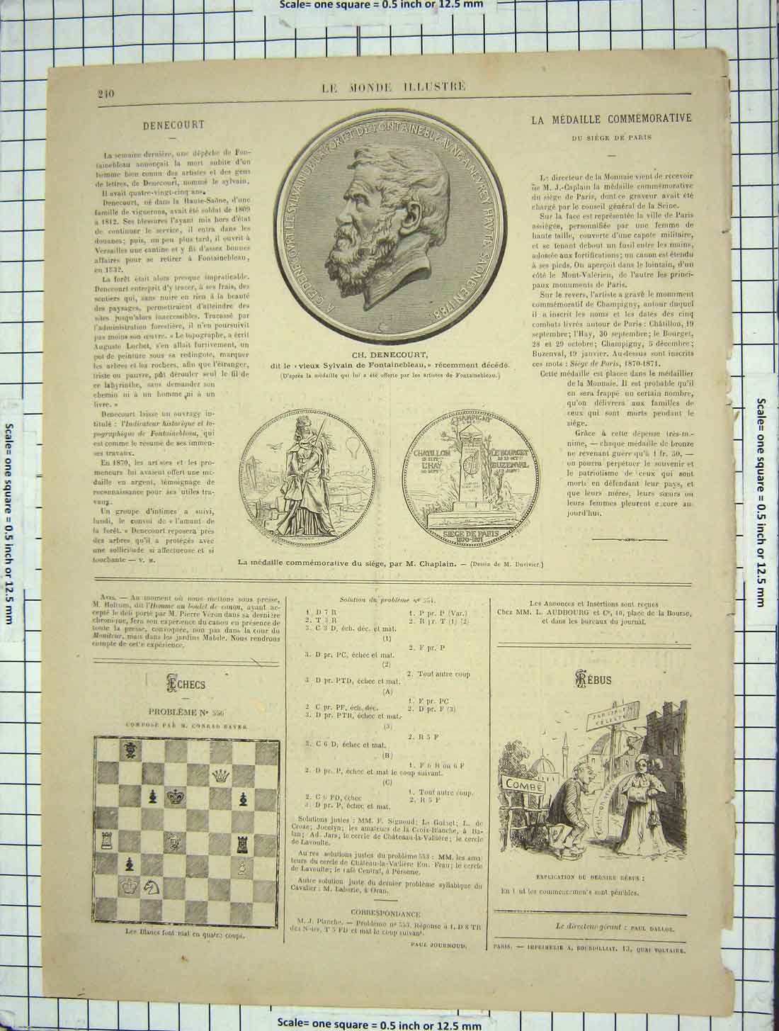 Original Old Antique Print Chess Board Denecourt Medallie Chaplain