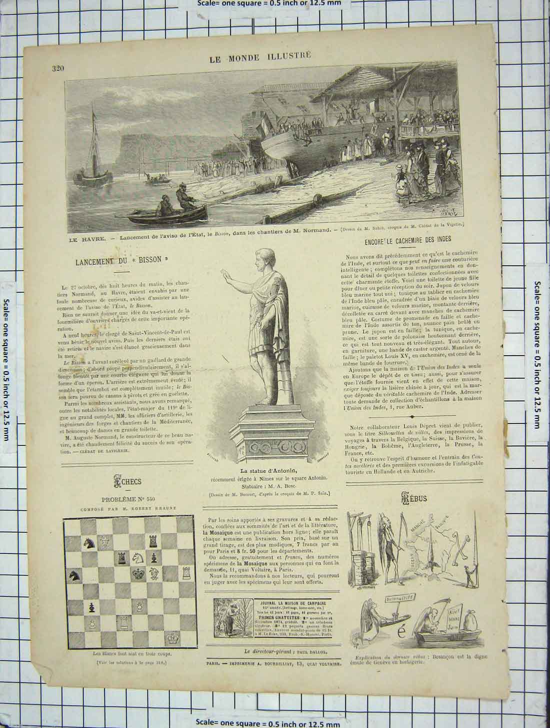 Original Old Antique Print Statue D'Antonin Le Havre Launch Boat Normand