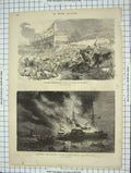 Old Antique Print Colonies Espagnoles Cuba Santa Marta Fire Ship America