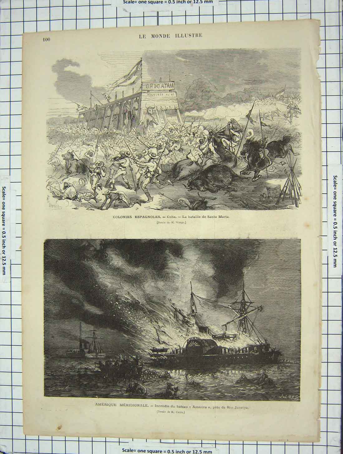 Old Antique Print Colonies Espagnoles Cuba Santa Marta Fire Ship America