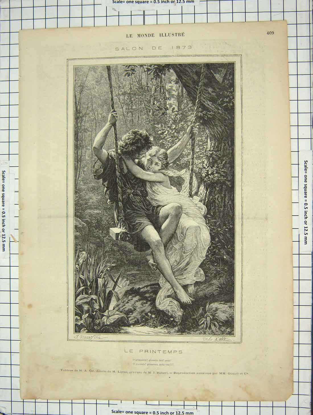 Original Old Antique Print 1873 Le Emps Boy Girl Swing Robertson 19th