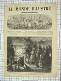 Original Old Antique Print 1873 Noel Christmas Family Home Chimney Holly 19th