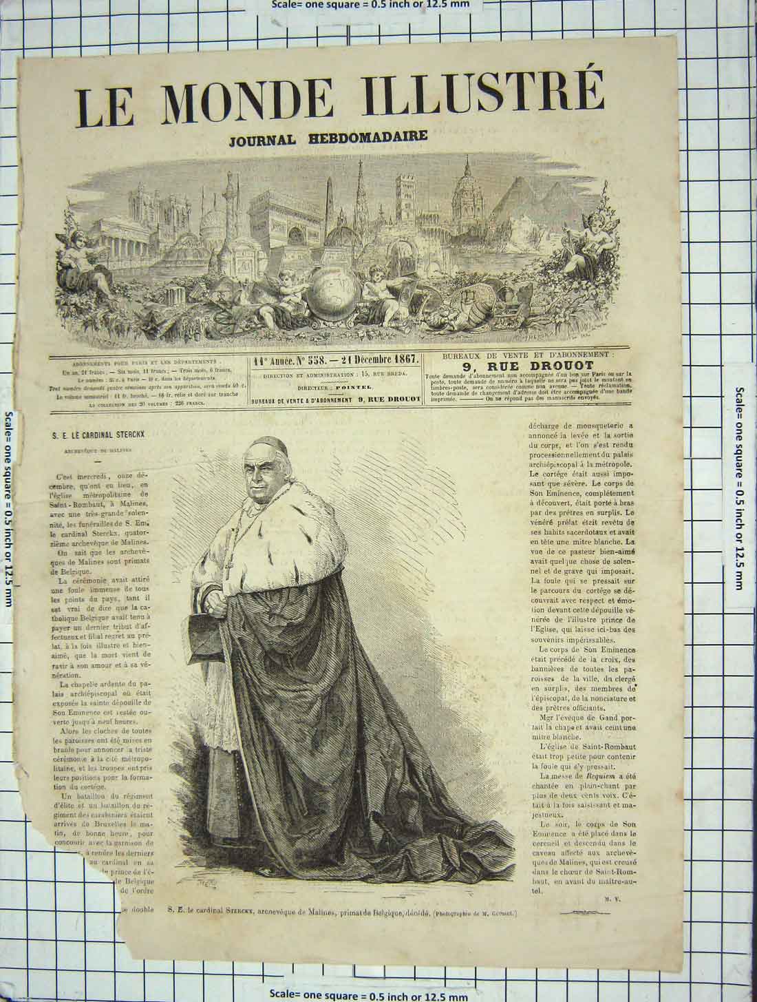 Original Old Antique Print 1867 Portrait Cardinal Sterckx Malines Belgique 19th
