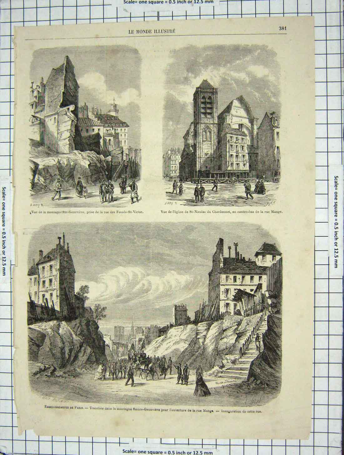 Original Old Antique Print Paris Montagne Sainte-Genevieve Monge Chardonnet