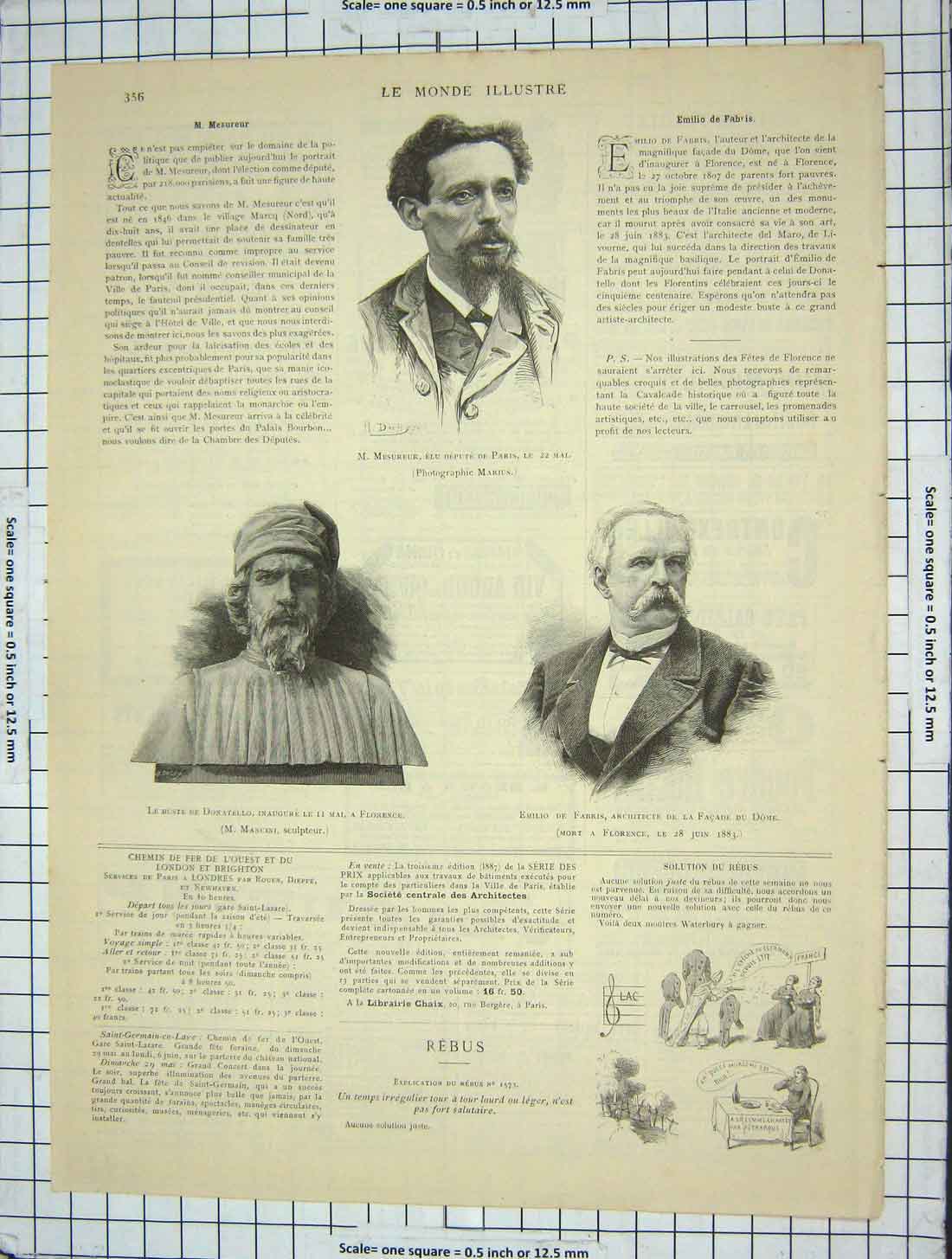 Original Old Antique Print Portrait Mesureur Donatello Emilio Fabris Architect