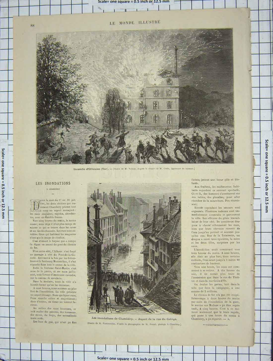 Original Old Antique Print Floods France Inondations Chambery Rue Coliege Fire