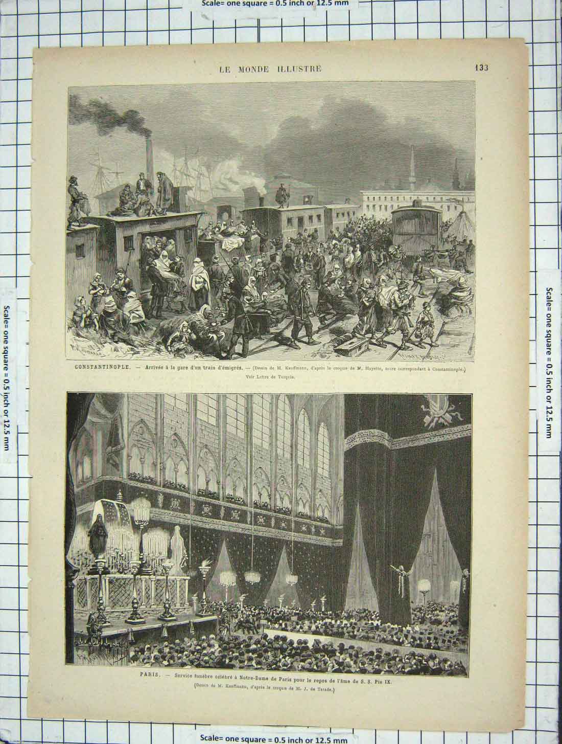 Old Antique Print Constantinople Railway Train Paris Notre-Dame Service 19th