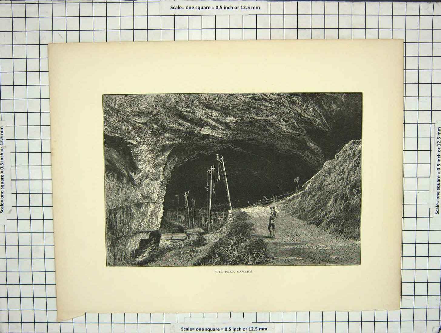 Original Old Antique Print Peak Cavern Cave Man Wales Engraving 20th Century