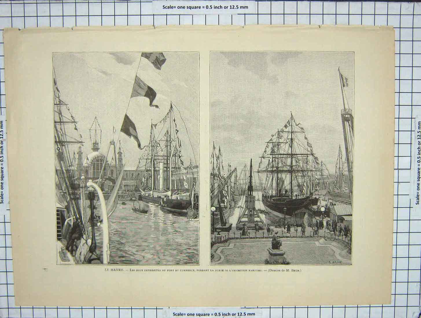 Original Old Antique Print Le Havre Port Commerce Ships Maritime Dessins Brun