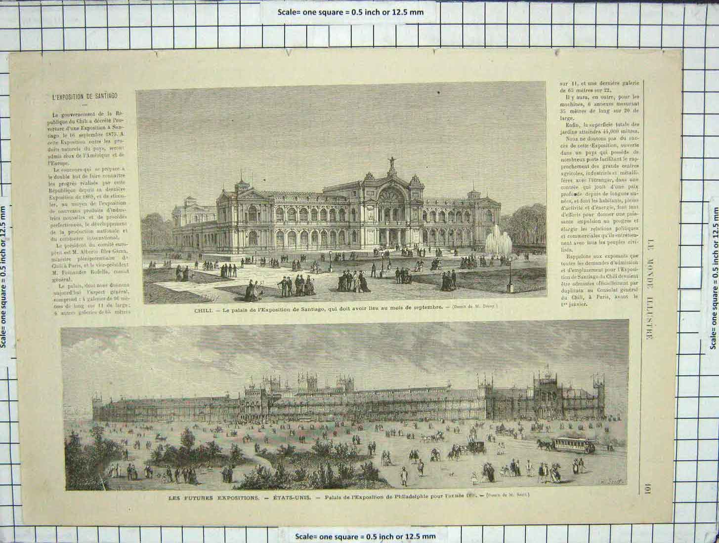 Original Old Antique Print Chili Palais Santiago Building Architecture Tram