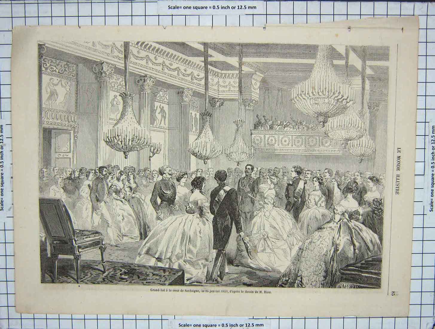 Original Old Antique Print Grand Ball Sardaigne Janvier Dessin Dancing Romance