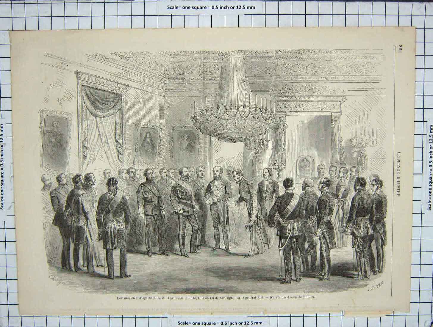 Original Old Antique Print Request Marriage Princess Clotilde Sardaigne General