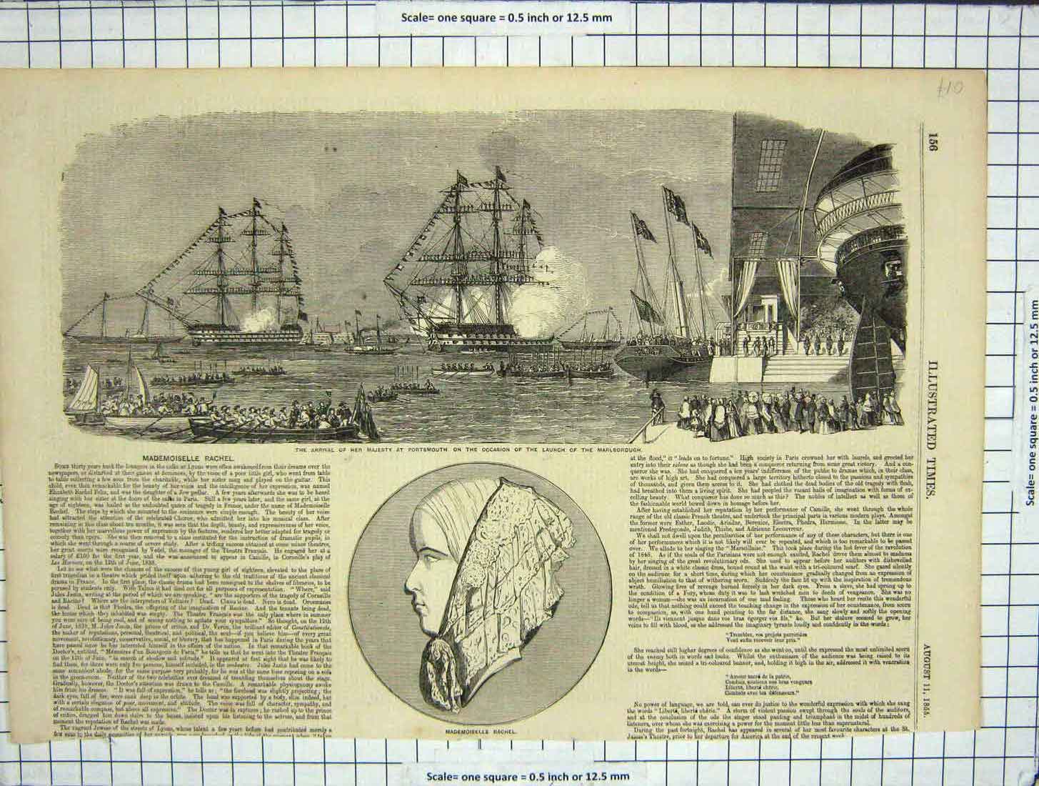 Original Old Antique Print Queen Ship Portsmouth Launch Marlborough Rachel Lady