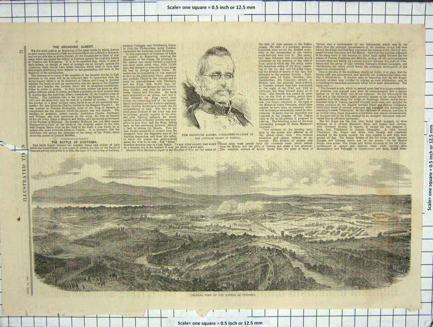 Original Old Antique Print 1866 Archduke Albert Commander View Battle Custozza