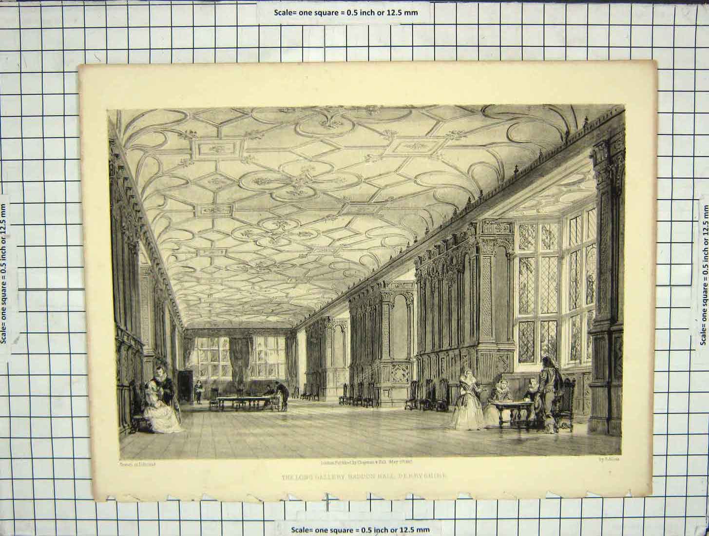 Original Old Antique Print 1847 Long Gallery Haddon Hall Derbyshire Allom 19th